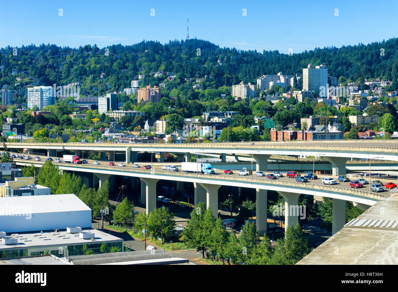 West hills view in Portland, Oregon with stopped traffic on I405 Stock