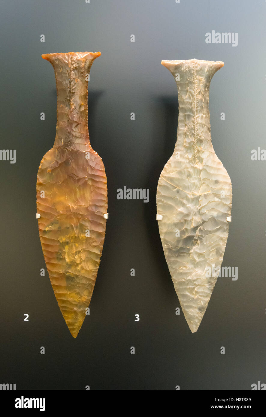 Flint daggers from Norre Snede, Jutland (2) Krabbesholm, Zealand (3), c.1800 BC, National Museum of Denmark in Copenhagen, Denmark Stock Photo