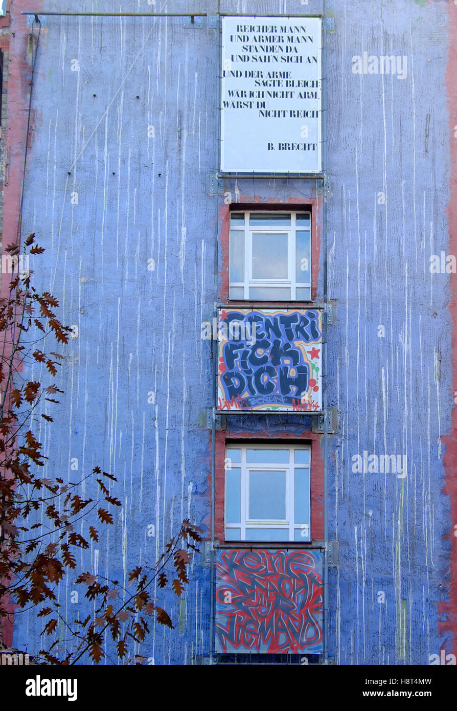 Blue house with Gentrifickdich Gentrification artwork in Berlin, Germany Eu 2016  KATHY DEWITT Stock Photo