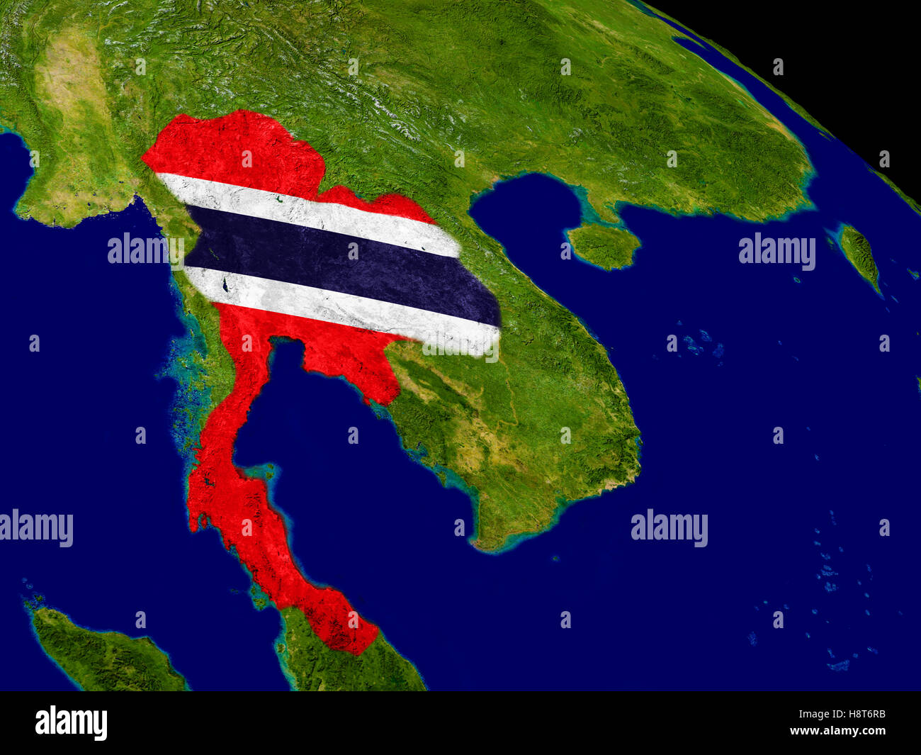 Map of Thailand with embedded flag on planet surface. 3D illustration ...