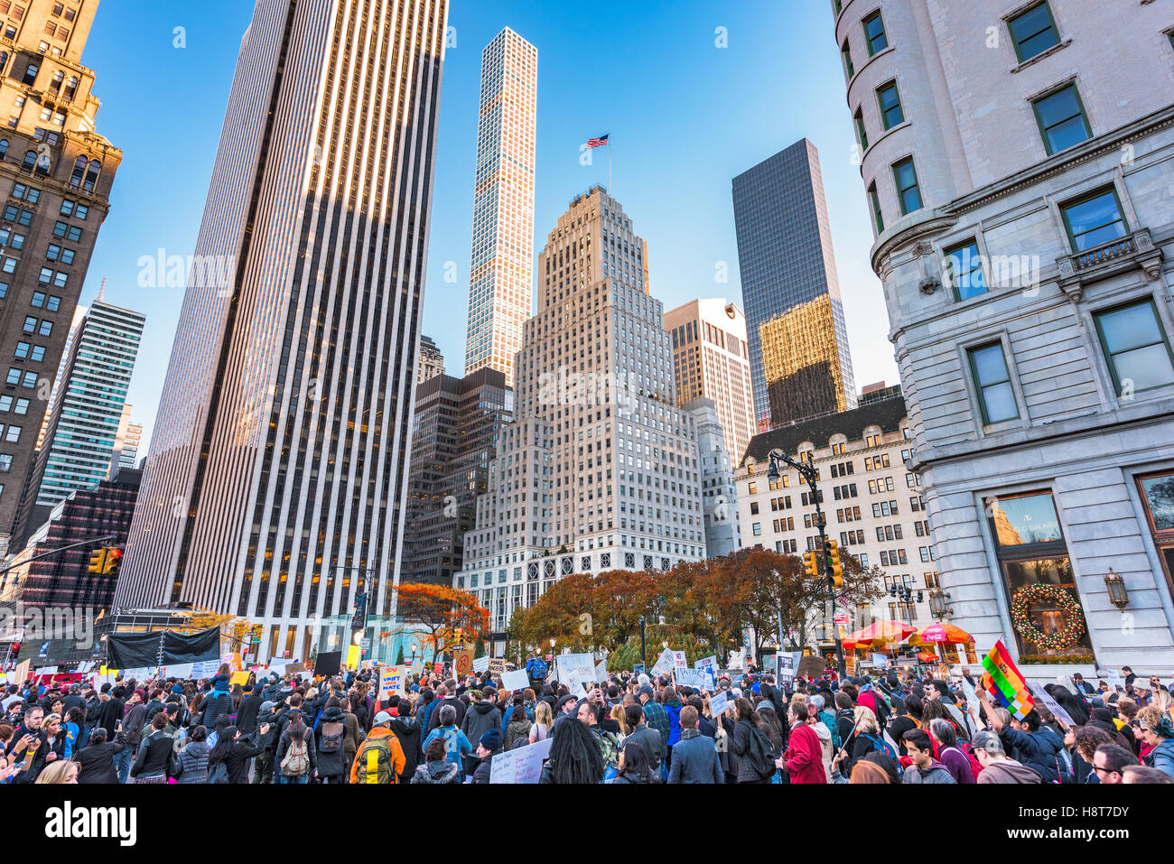 NEW YORK CITY - NOVEMBER 13, 2016:  Crowds on 5th Avenue march towards Trump Tower to protest President-elect Donald Trump. Stock Photo
