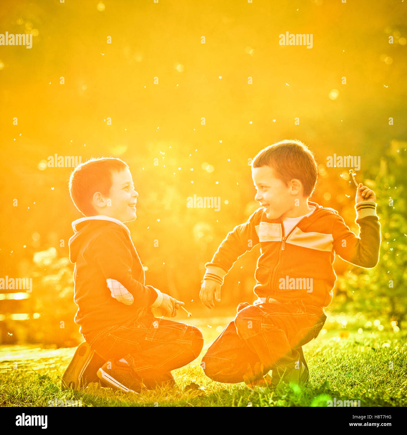 Little twin brothers having fun in the park in a beautiful sunset. Stock Photo