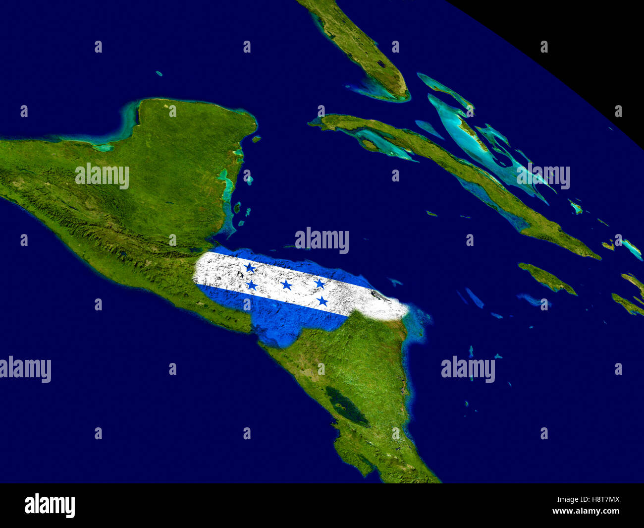 Map of Honduras with embedded flag on planet surface. 3D illustration ...
