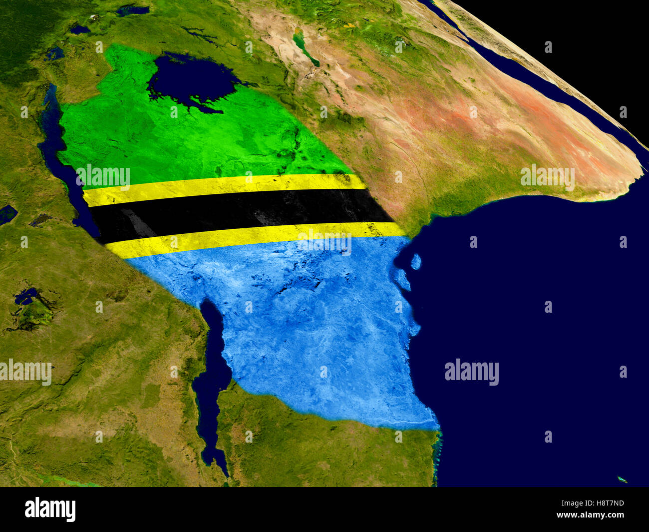 Map of Tanzania with embedded flag on planet surface. 3D illustration ...