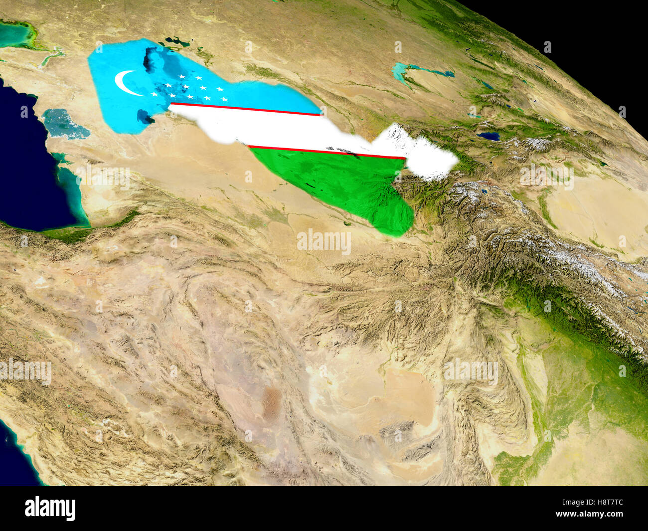 Map of Uzbekistan with embedded flag on planet surface. 3D illustration ...