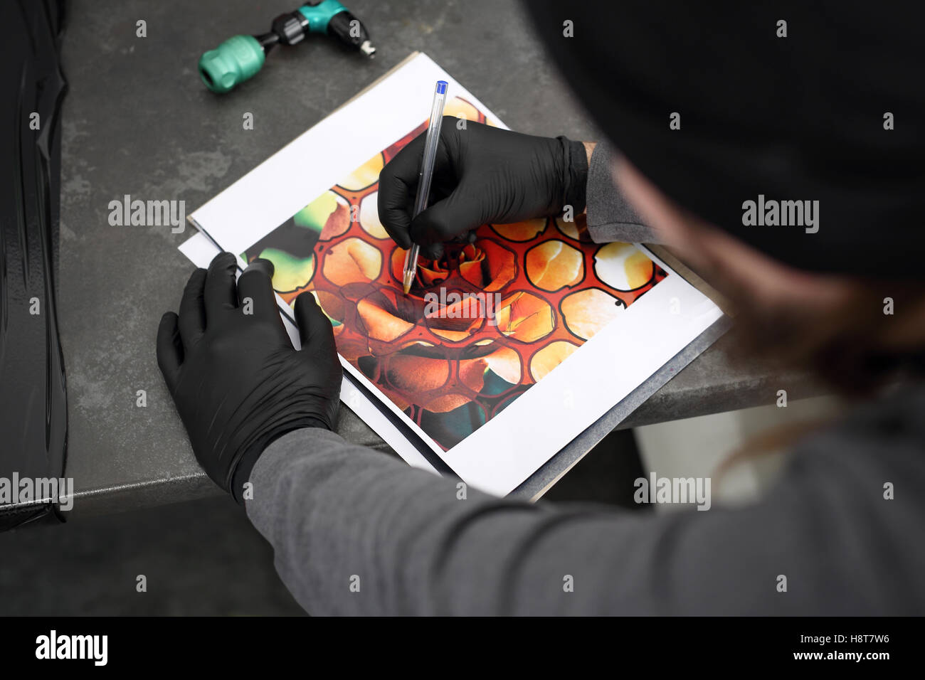 Tattoo transfers pattern on tracing paper. Color tattoo. Stages of