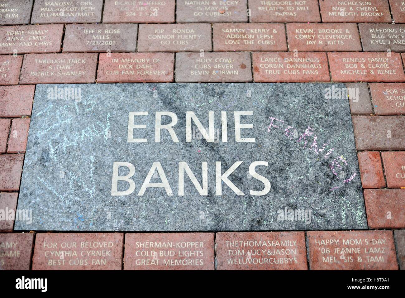 Embedded among a bevy of fan bricks decorated with personal messages is a link to the memory of Mr. Cub, Ernie Banks. Chicago, Illinois, USA. Stock Photo