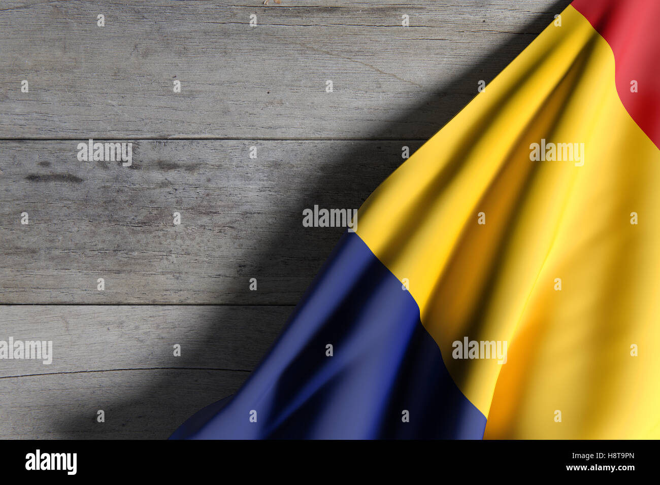 3d rendering of Romania flag waving on wooden background Stock Photo ...