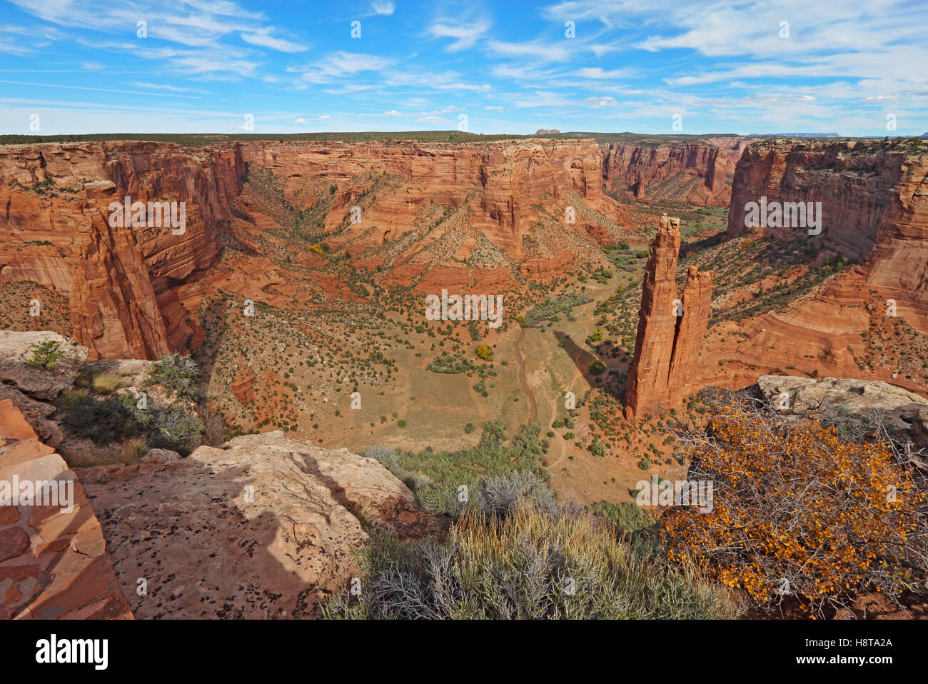 The red sandstone spire of Spider Rock at Canyon de Chelly National Monument in the Navajo Nation near Chinle, Arizona Stock Photo