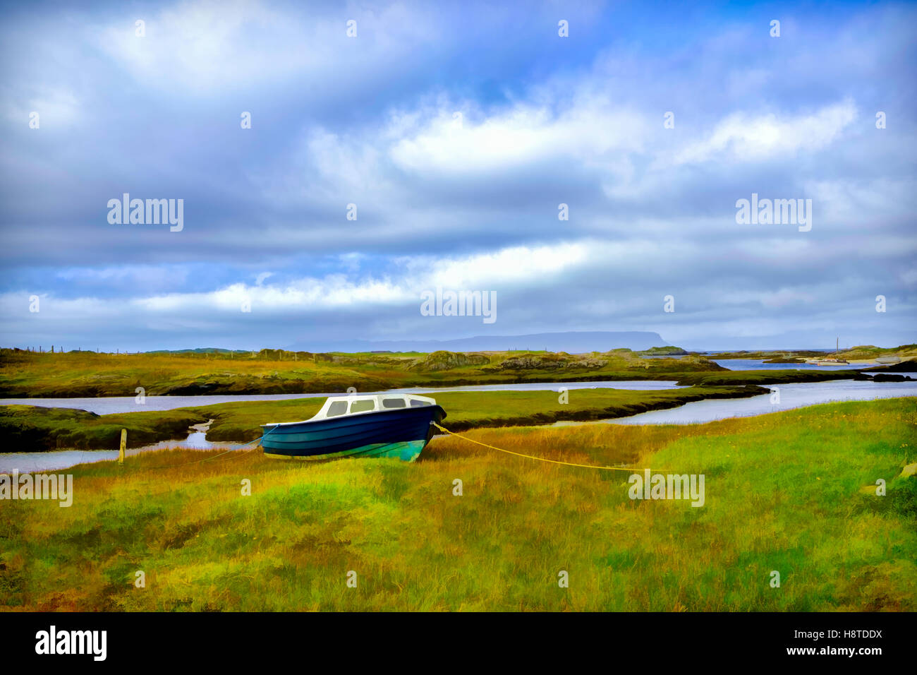 Wooden boat tied on the banks of the Allt Cam Carach at Invercainbe Stock Photo