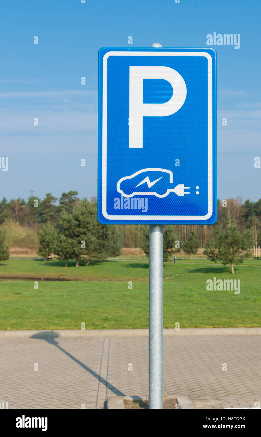 blue parking sign for electric cars Stock Photo