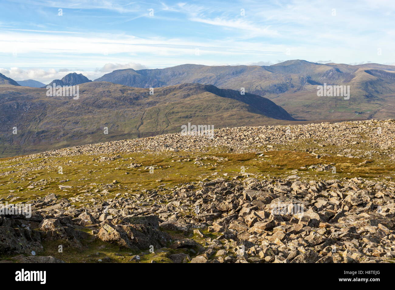 Tryfan and the Carneddau mountain range viewed from Moel Siabod Stock Photo