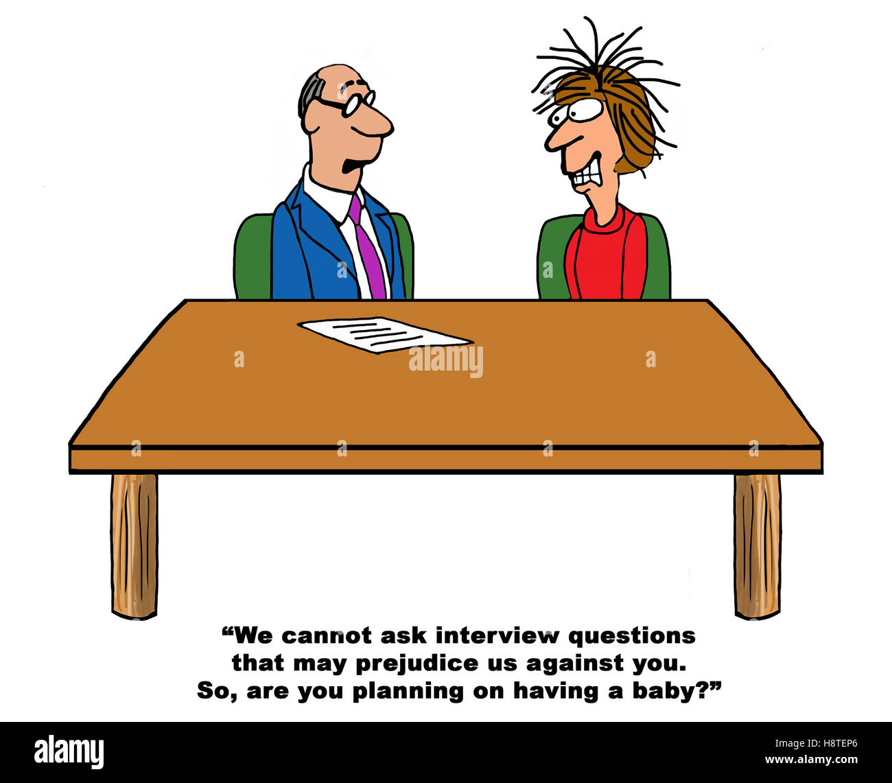 Color business cartoon about a recruiter asking an illegal question to