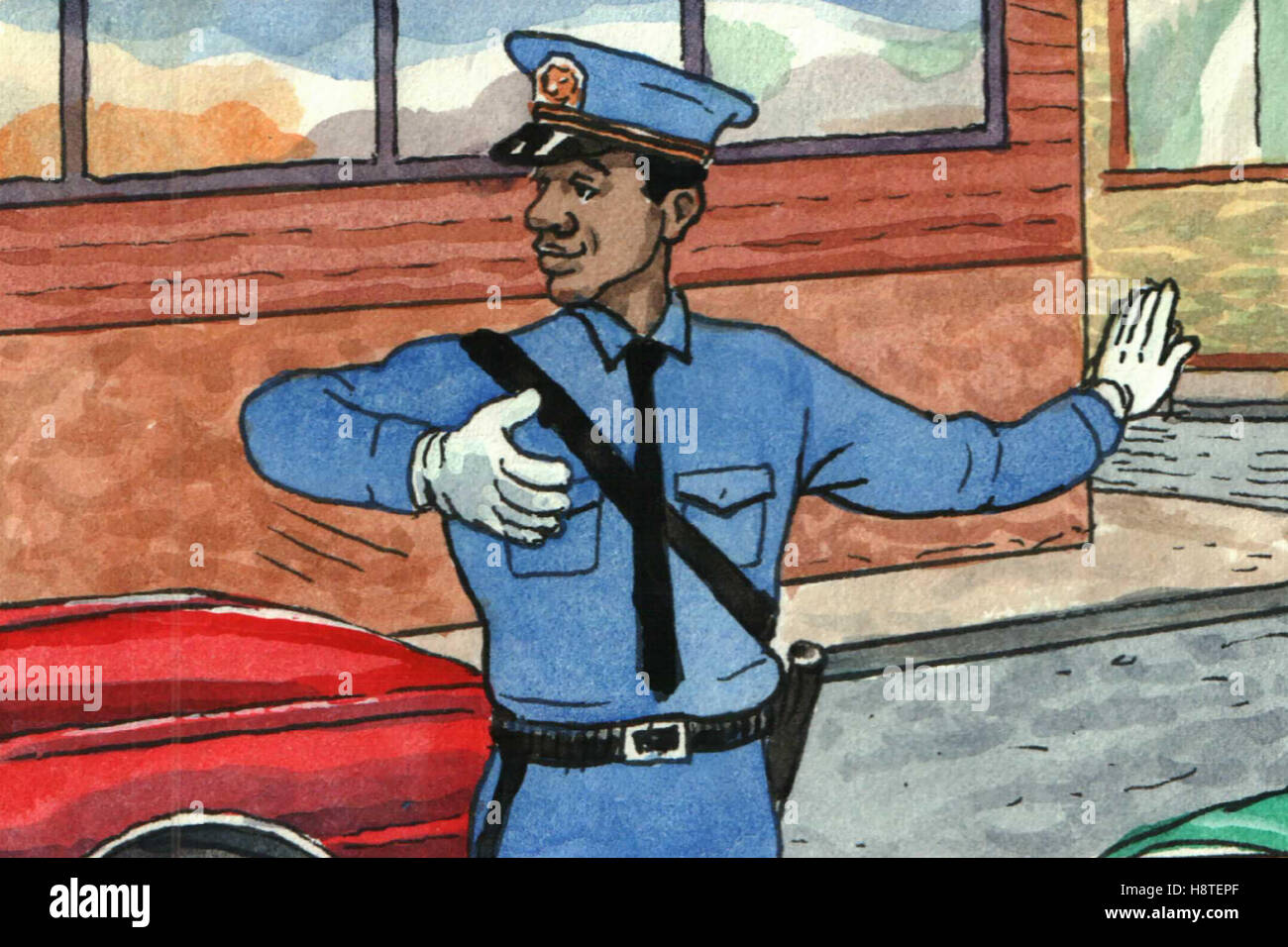 Color illustration of a policeman directing traffic. Stock Photo