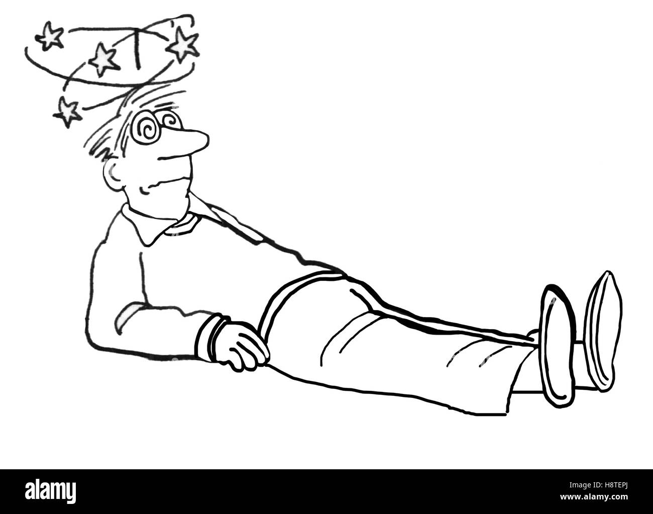 Black and white illustration of a man who has fallen and is feeling dizzy. Stock Photo