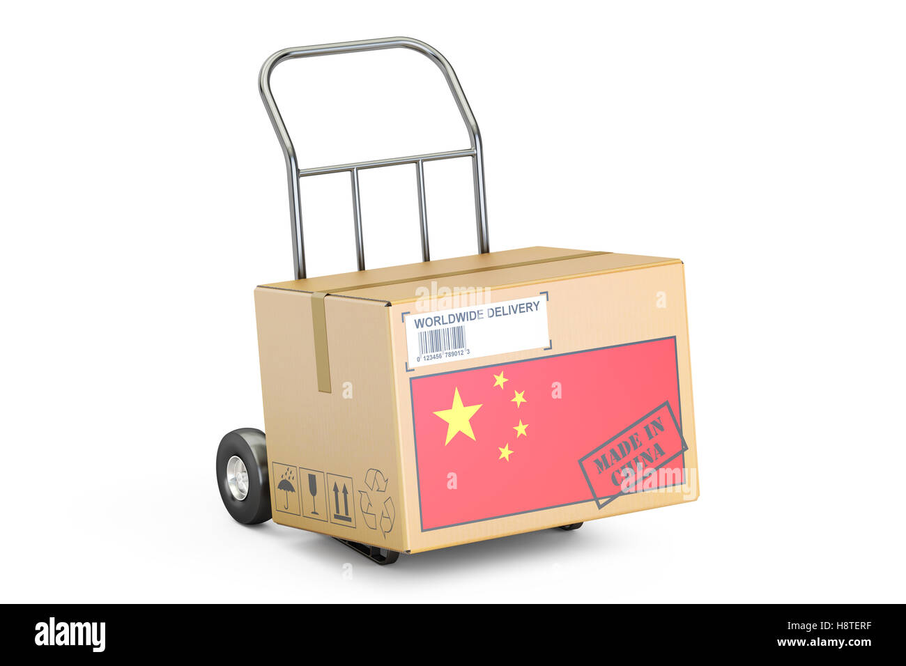 Made in China concept. Cardboard Box on Hand Truck, 3D rendering isolated on white background Stock Photo