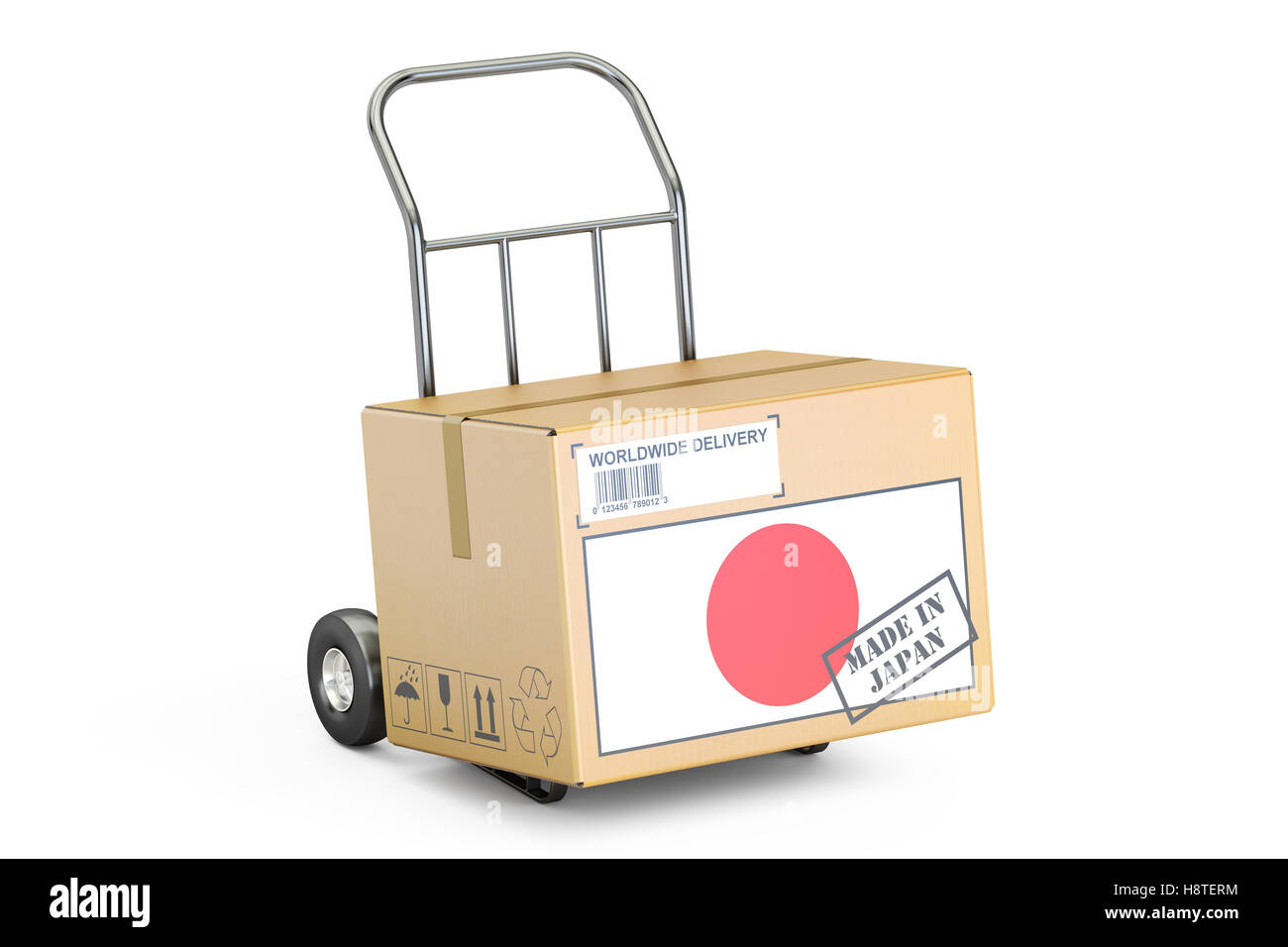 Made in Japan concept. Cardboard Box on Hand Truck, 3D rendering isolated on white background Stock Photo