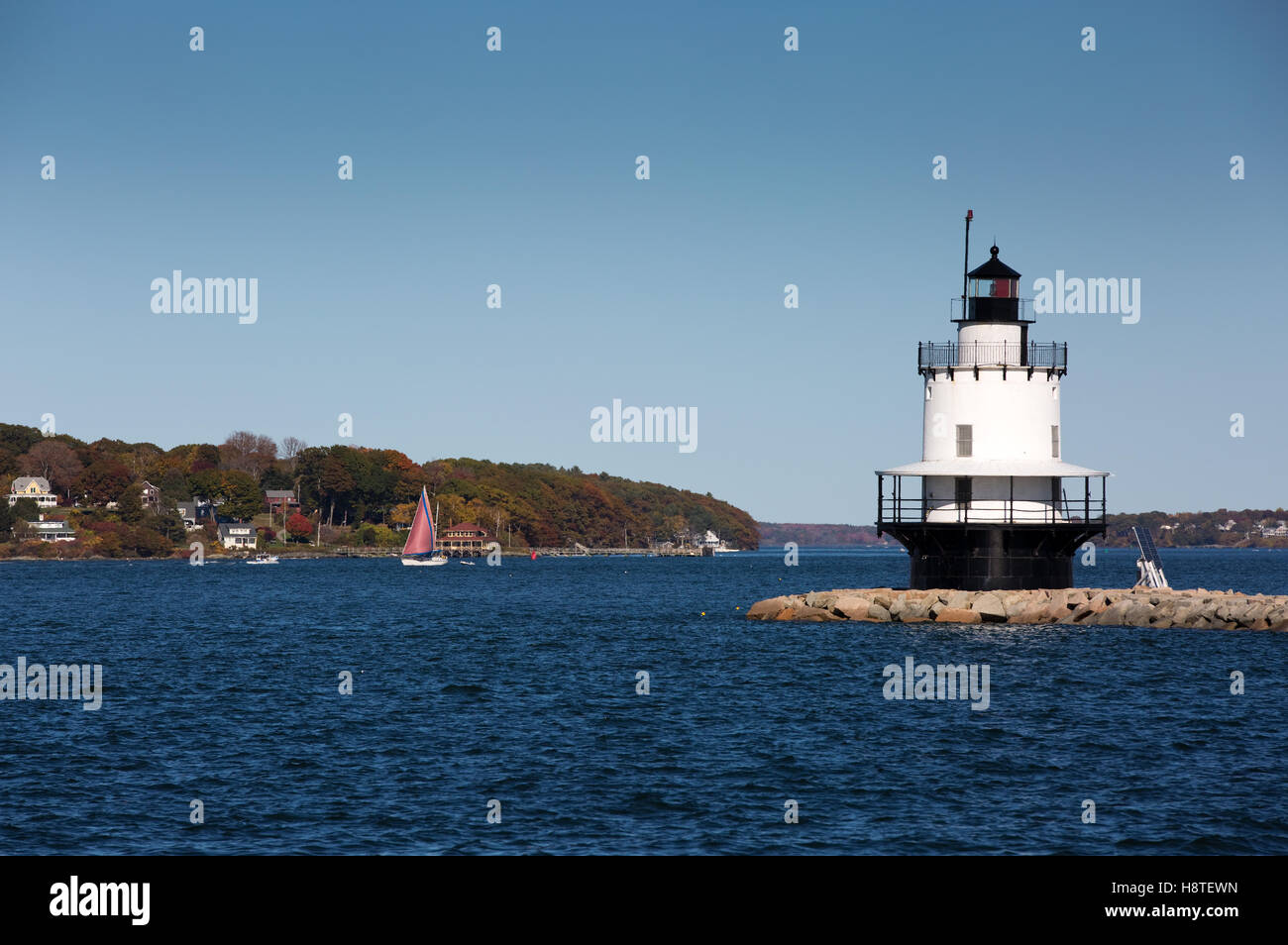 Spring Point Ledge Lighthouse is located in South Portland, Maine. Stock Photo