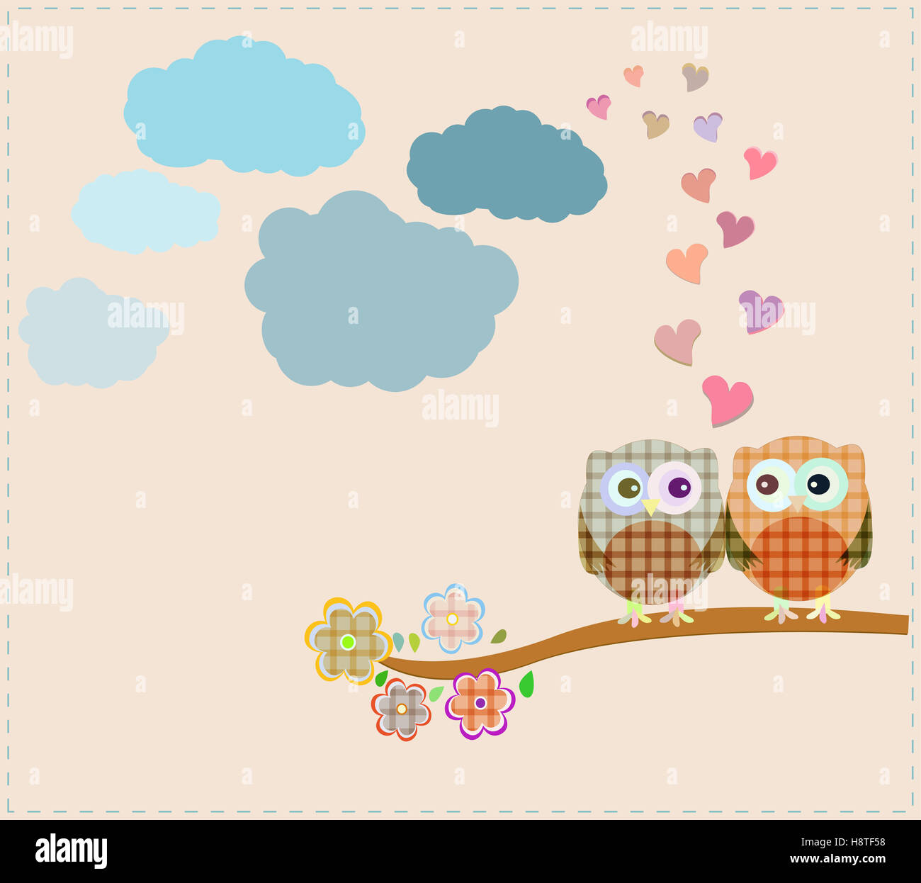 Two owls and love tree sitting on branch Stock Photo - Alamy