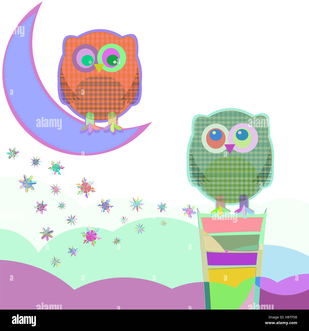 Card with two owls on branch at day, vector illustration Stock Photo ...