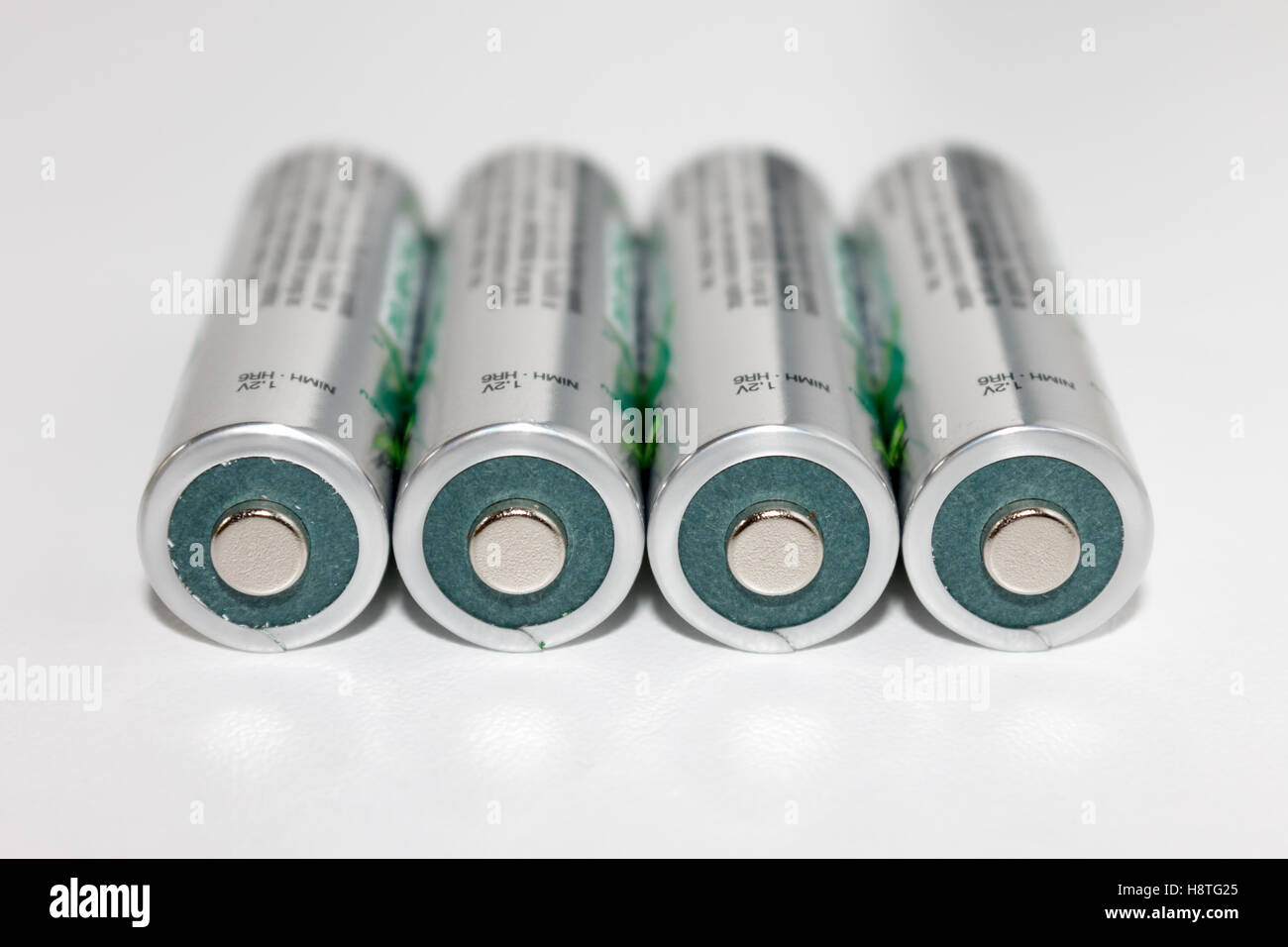 Rechargeable Nickel-Metal Hydride (NiMH) battery cells is necessary to powered todays high drain electronic devices. Stock Photo