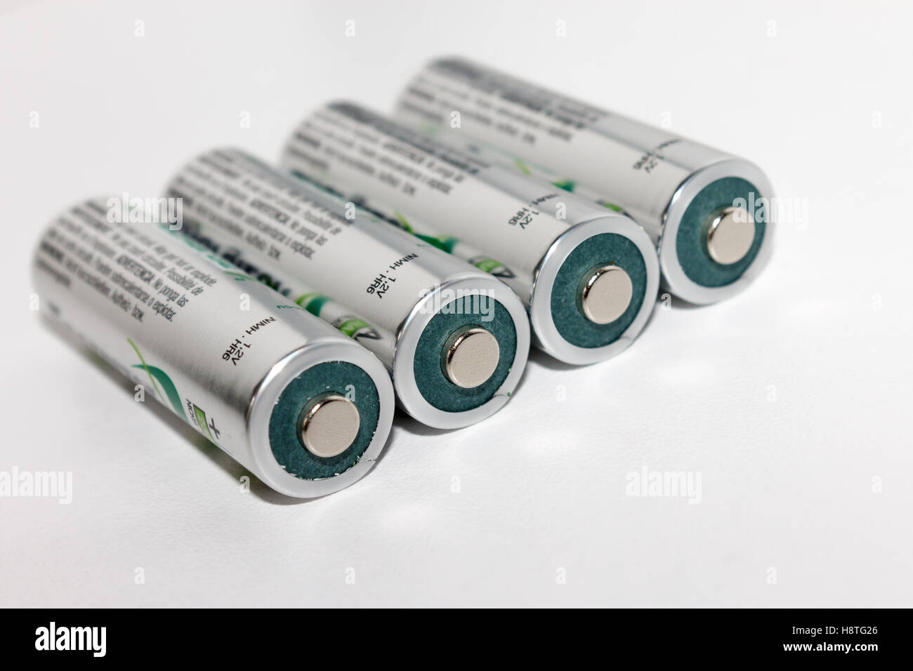 Rechargeable Nickel-Metal Hydride (NiMH) battery cells is necessary to powered todays high drain electronic devices. Stock Photo