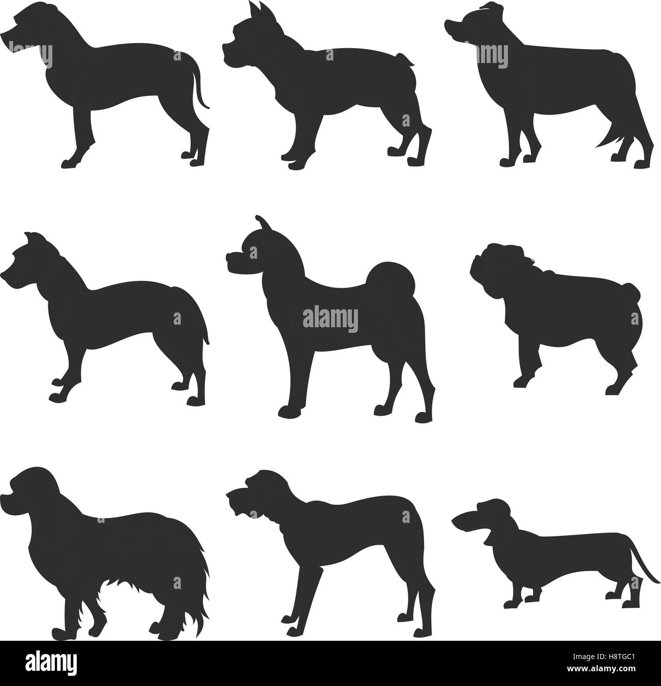 Set of dogs black silhouette. Akita and bulldog, collie and dachshund, vector illustration Stock Vector