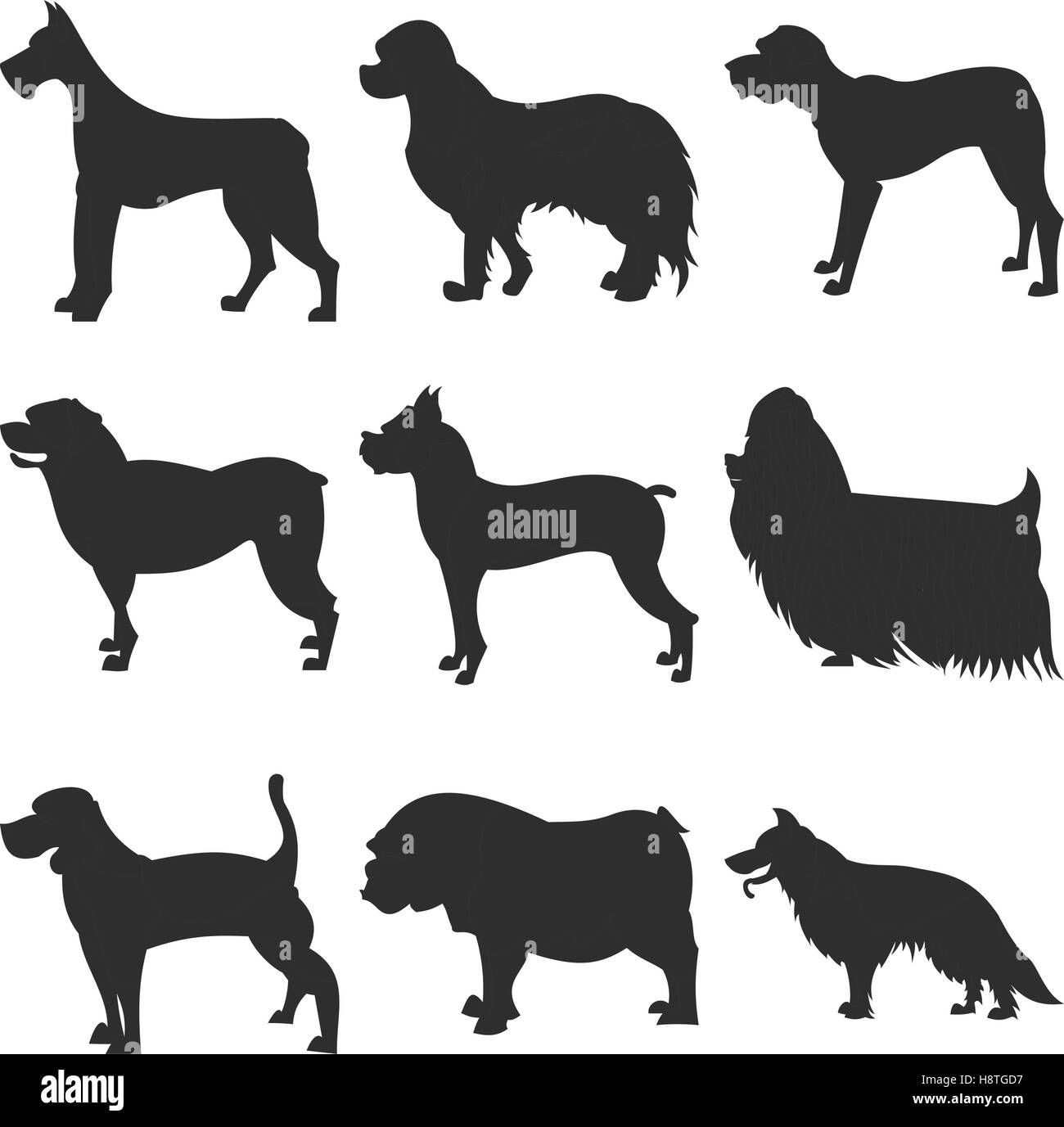 Set of dogs black silhouette. Rottweiler and shepherd, spaniel and terrier, vector illustration Stock Vector