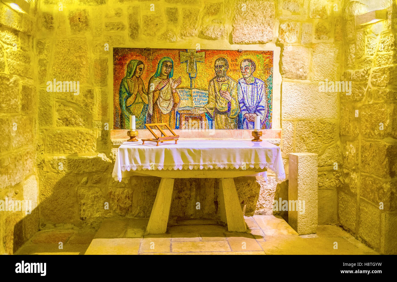 The chapel with mosaic formerly was the cell where St. Jerome work under the translation of The Bible Stock Photo