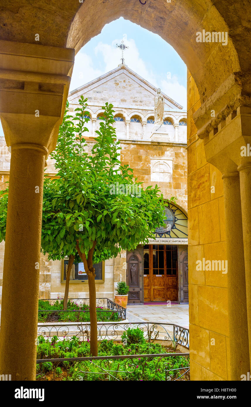 The Church of the St. Catherine and the Church of the Nativity are separated by Franciscan courtyard Stock Photo
