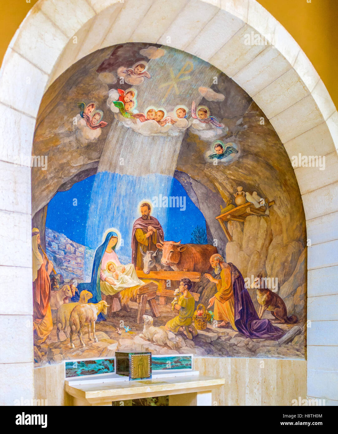 The fresco depicting a biblical scene of adoration of the shepherds Stock Photo