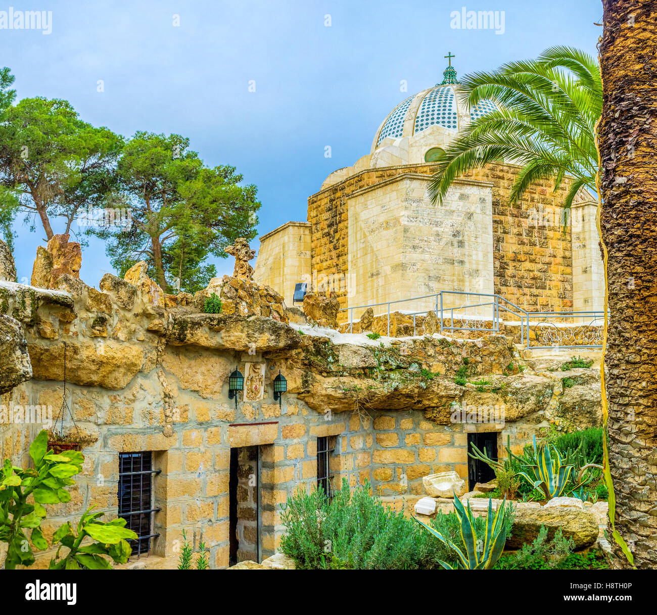 The view on the the Natural Cave Church and the Shepherds Field Chapel, the holiest places of the Shepherd's Field, Bethlehem, P Stock Photo