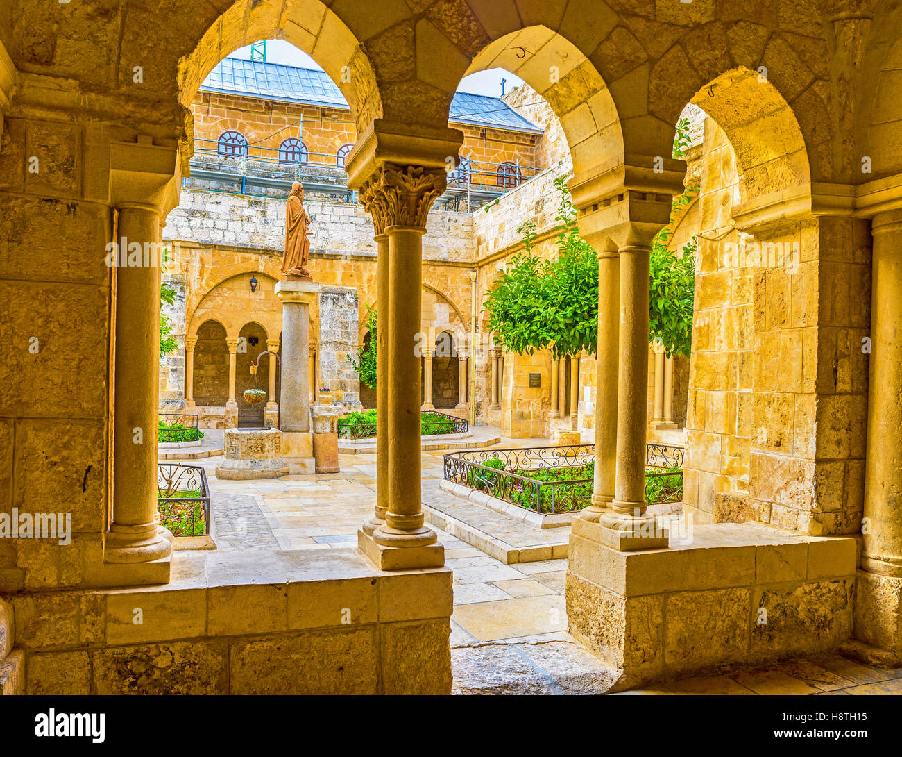The view of the Franciscan courtyard with the St. Jerome statue in the middle Stock Photo