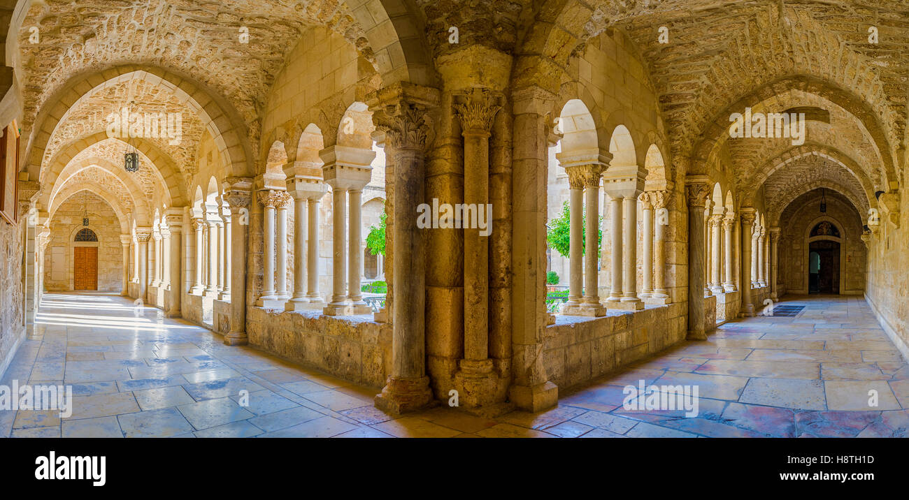 The panoramic view on the covered terraces of the inner courtyard of the Church of the Nativity Stock Photo