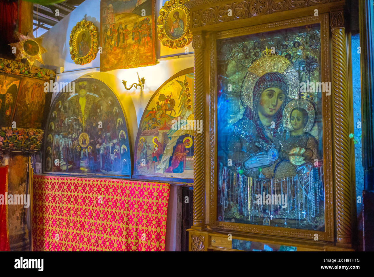 The old silver icon to the Madonna and the child in the Church of the Nativity Stock Photo
