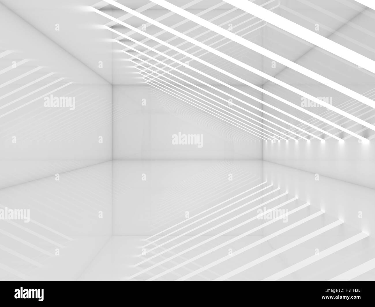 Empty White Room With Thin Stripes Of Ceiling Lights Contemporary