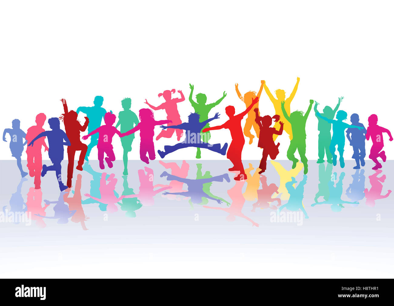 Colorfully Children group, fun, playing, jumping, cheering, Stock Photo