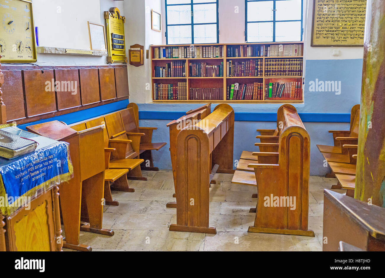 The chairs for Torah readers and the book shelves in Ari Ashkenazi Synagogue Stock Photo