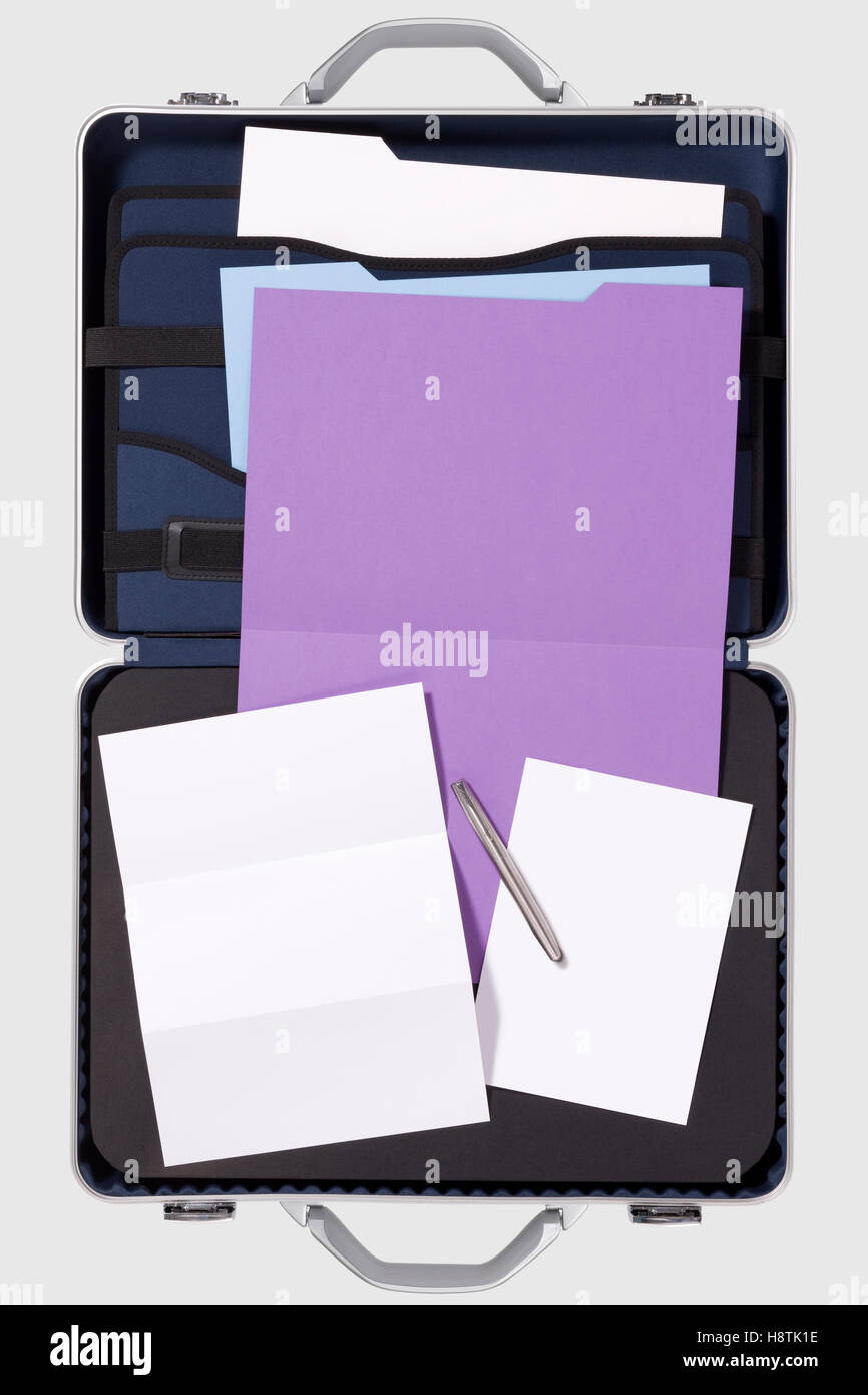 Briefcases open with Files and pen on White Background Stock Photo Alamy