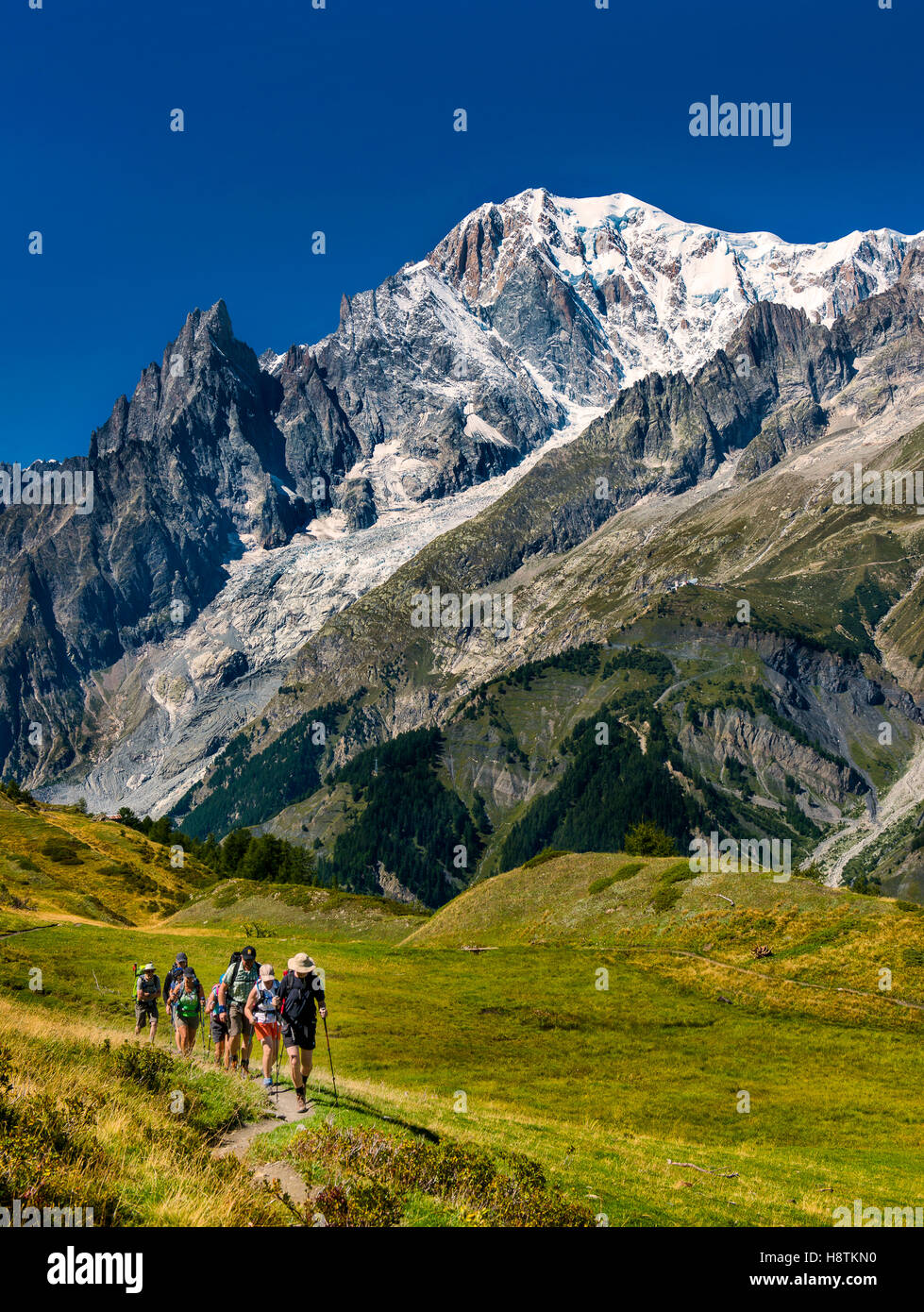 Hikers in Ferret valley on the path that leads from the refuge Bertone to Walter Bonatti Refuge: a balcony that offers a fantastic view on the Mont Blanc massif. Stock Photo