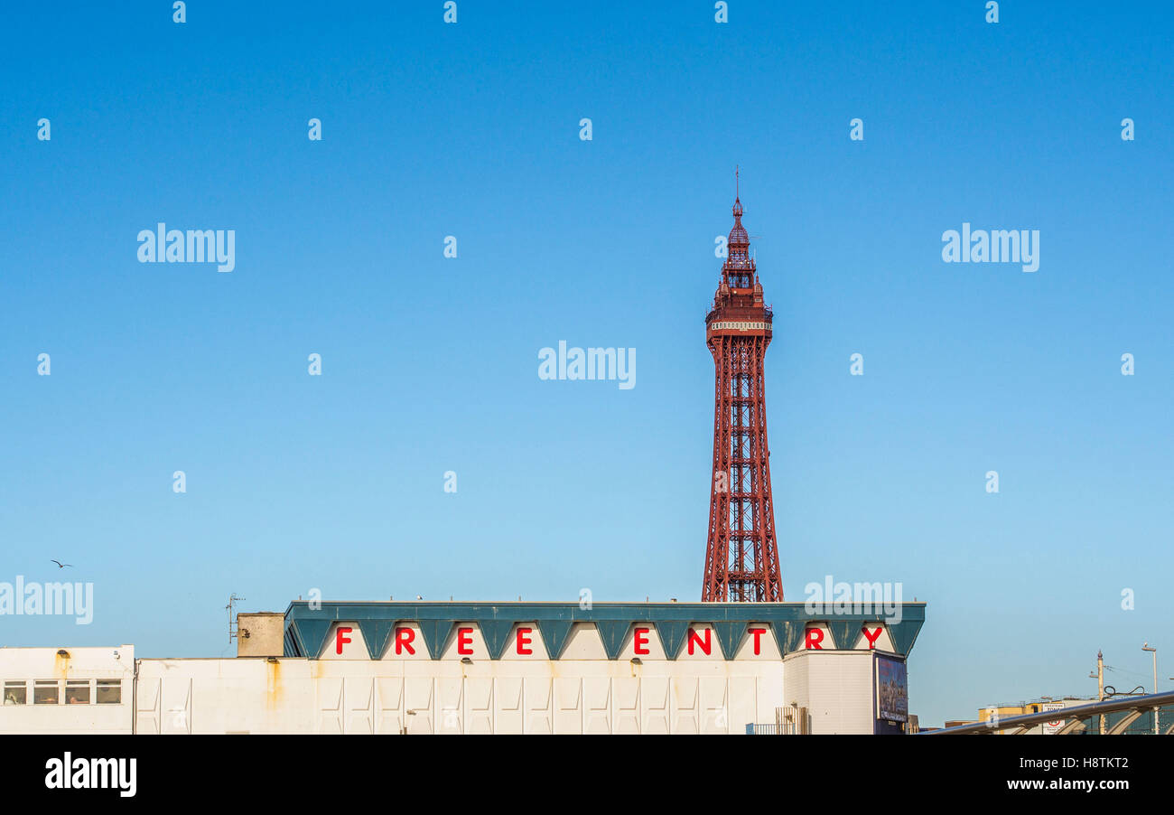 Blackpool Tower and FREE ENTRY sign on Central Pier, Blackpool, Lancashire, UK. Stock Photo