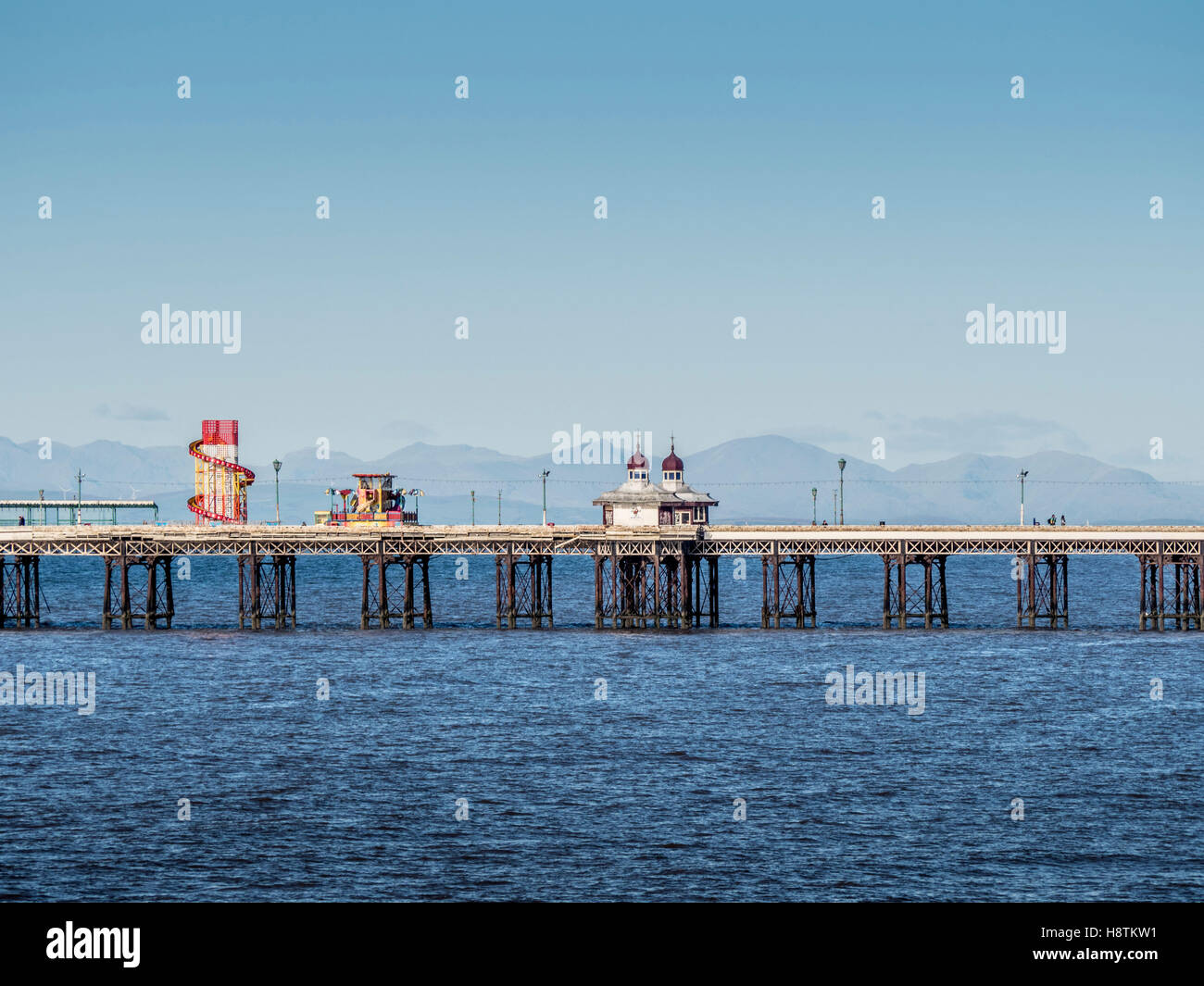 North Pier with Cumbrian hills in distance, Blackpool, Lancashire, UK. Stock Photo