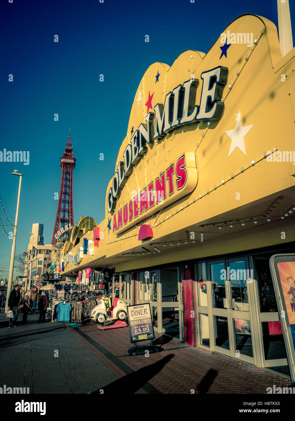 Golden Mile Amusement Arcade sign on seafront, Blackpool, Lancashire, UK. Stock Photo
