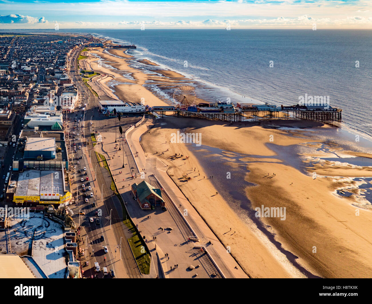 Central Pier with South Pier and Pleasure Beach in distance, Blackpool, Lancashire, UK. Stock Photo