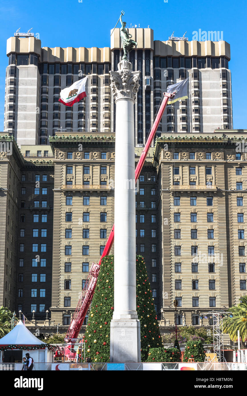 Christmas tree in the making at Union Square, San Francisco Stock Photo