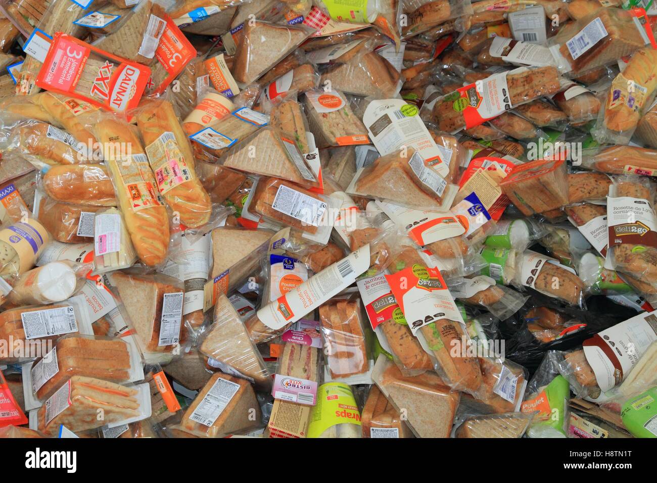 Food waste. Recycling of expired sandwiches from a large shop. Veolia