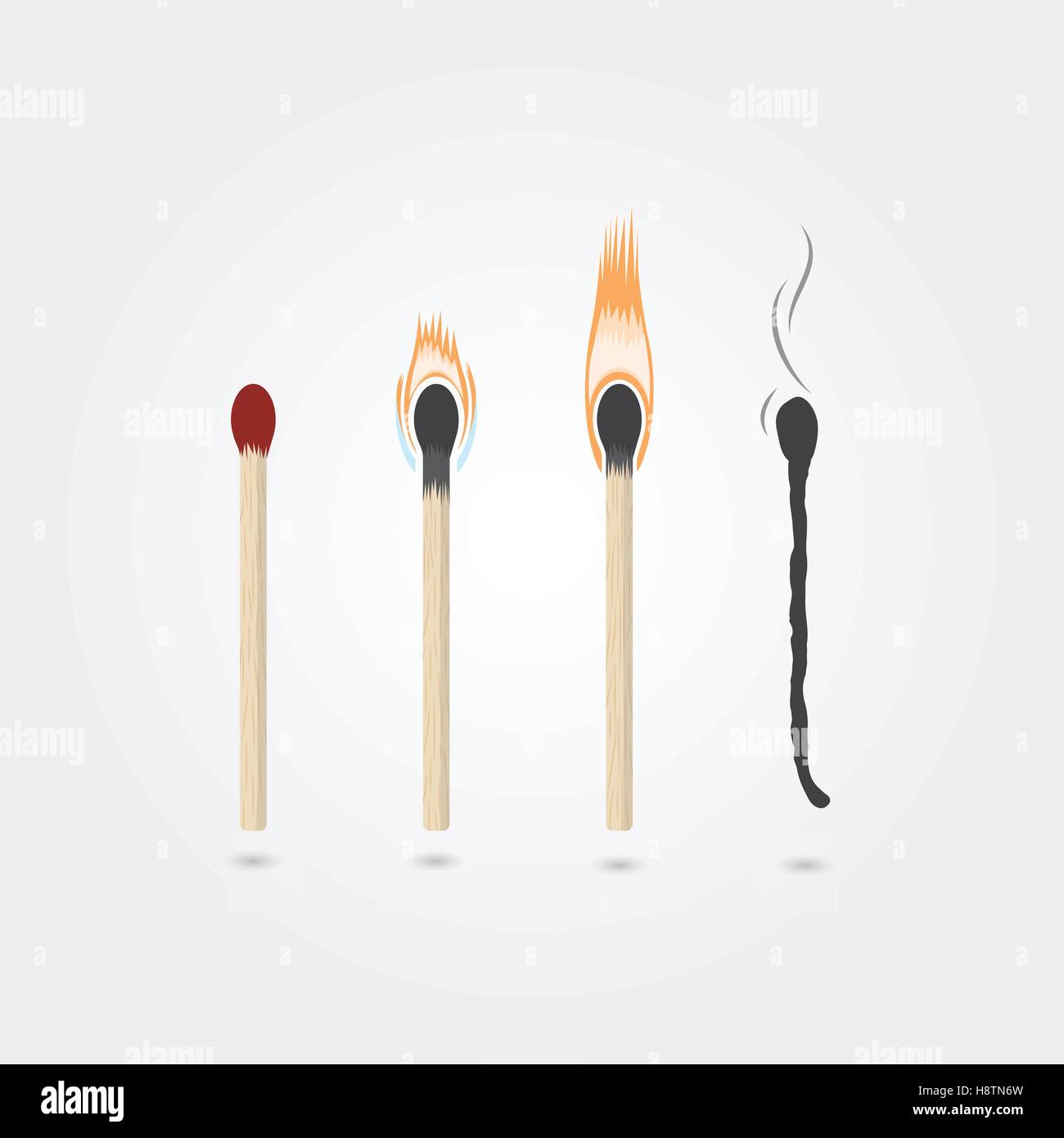 Four stages of burning matches. Realistic vector illustration. Stock Vector