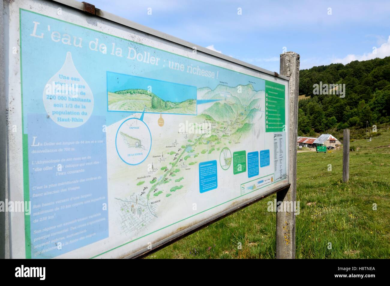 Explanatory panel and Fennematt Farm , altitude 950 m, Source Doller , above Dolleren , Massif du Ballon d'Alsace, Vosges , Stock Photo