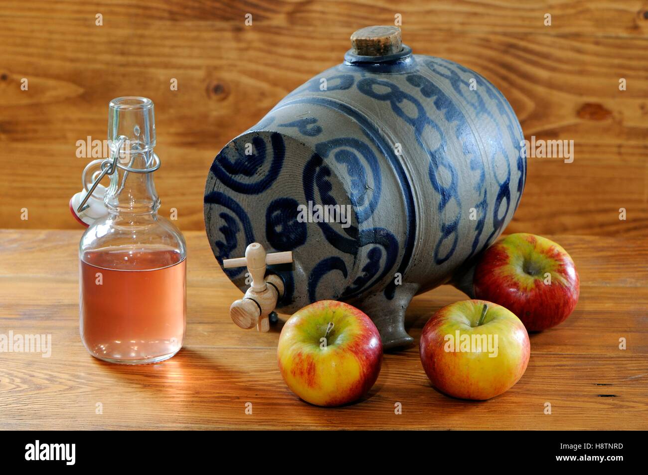 Vinegar pot, apple and cider vinegar on a table Alsace France, former