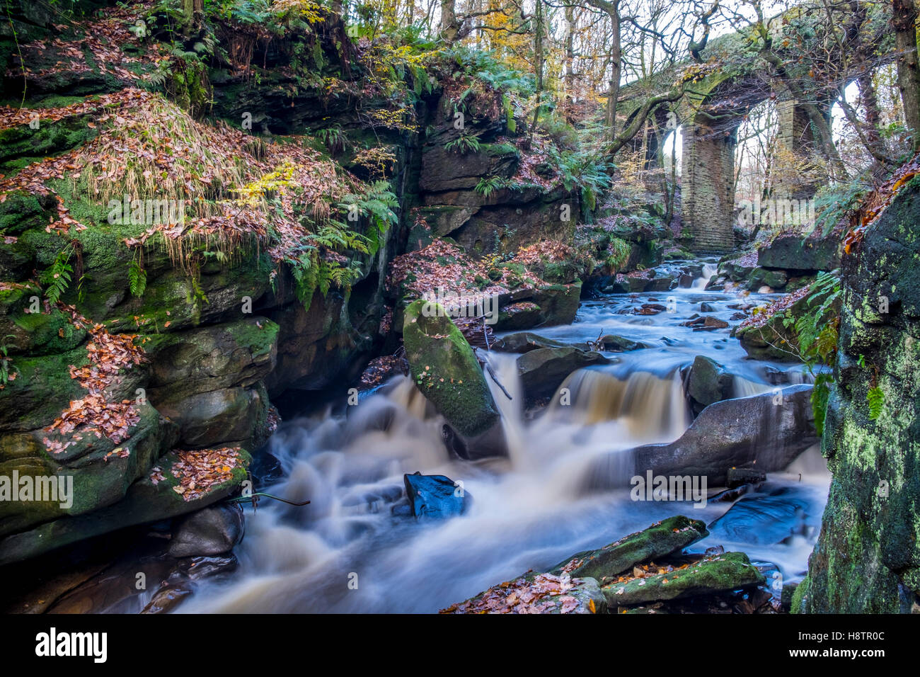 A small waterfall running between a rocky riverbank with autumnal colours in the trees Stock Photo
